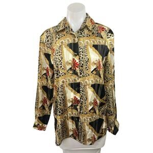 Vintage Laura Petites Multicolor Brown Satin Button Long Sleeve Shirt Top Size 2